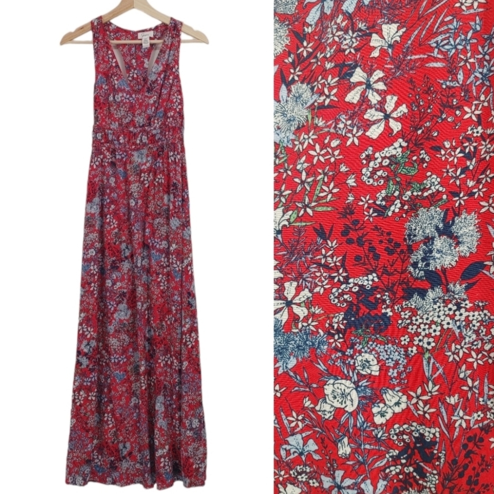 Japna Red Floral Maxi Dress with Blue and White Accents